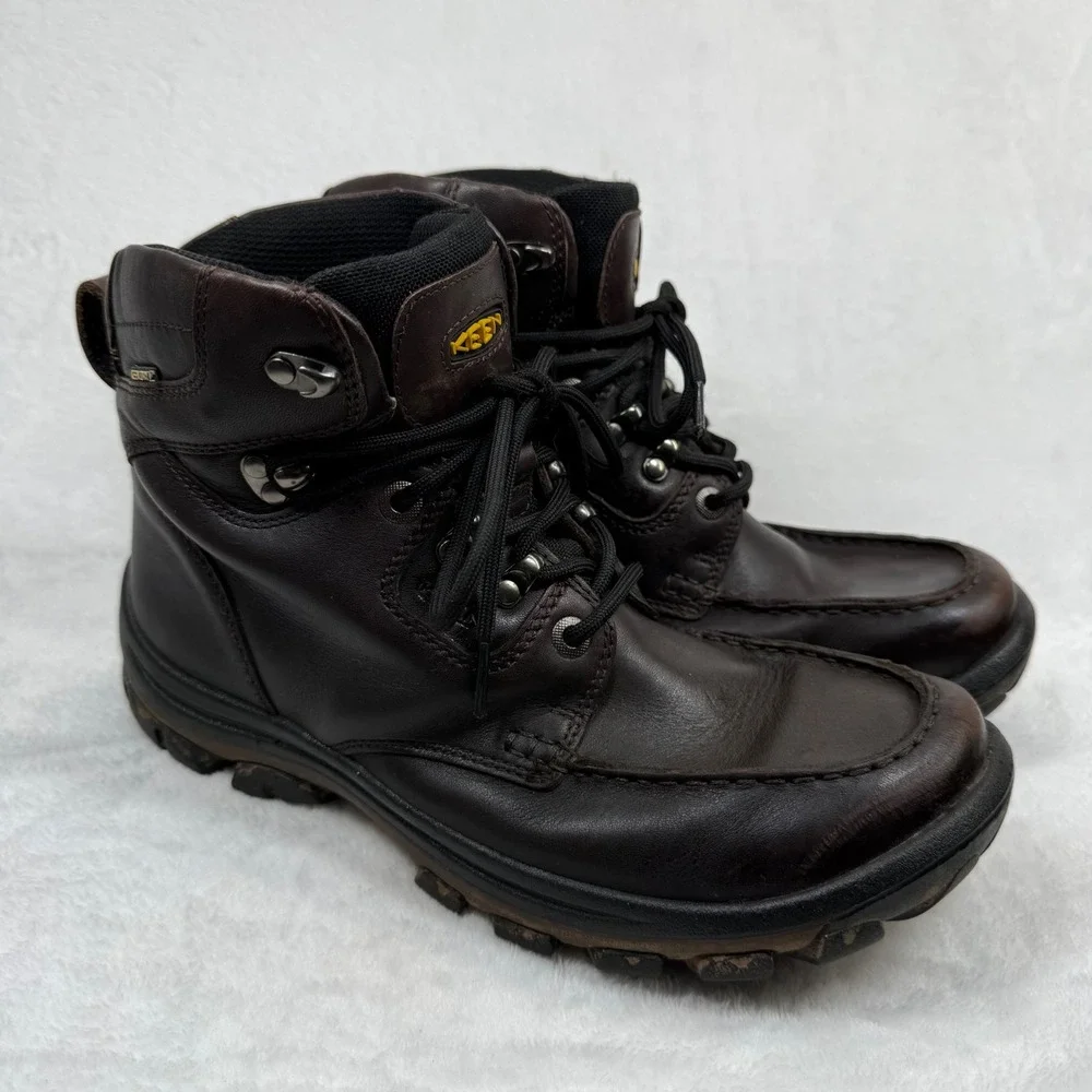 KEEN Mens 9.5 Dark Brown Leather Waterproof Moc Toe Hiking Work Boots 1009250
